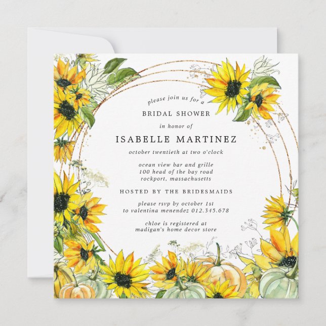 Invitación Rústica ducha de novia de la calabaza de girasol d (Anverso)