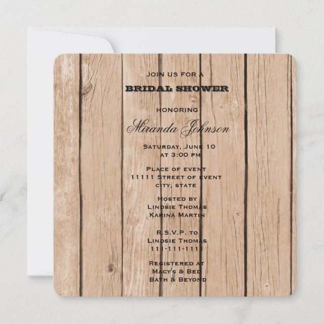 Invitación Rústica ducha de novia de madera (Anverso)