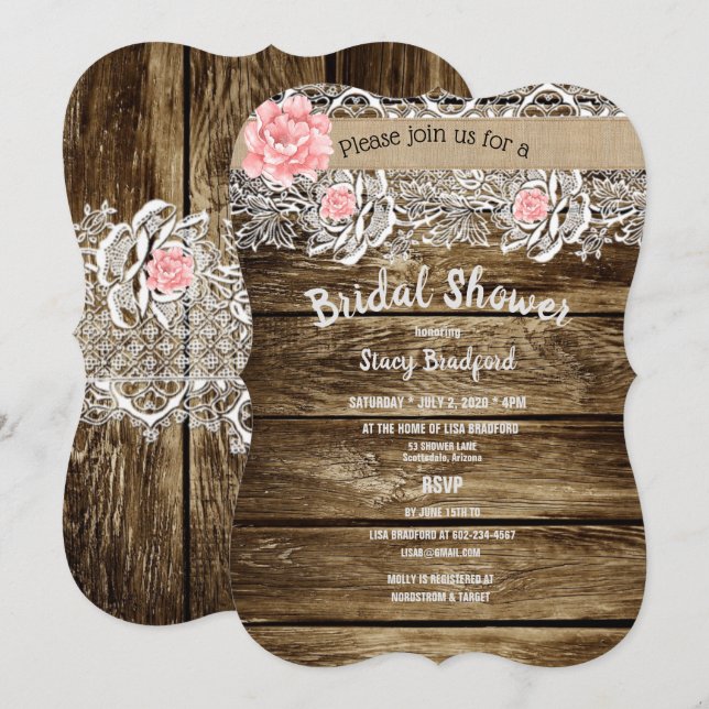 Invitación Rústica ducha de novia de madera y encaje (Anverso / Reverso)