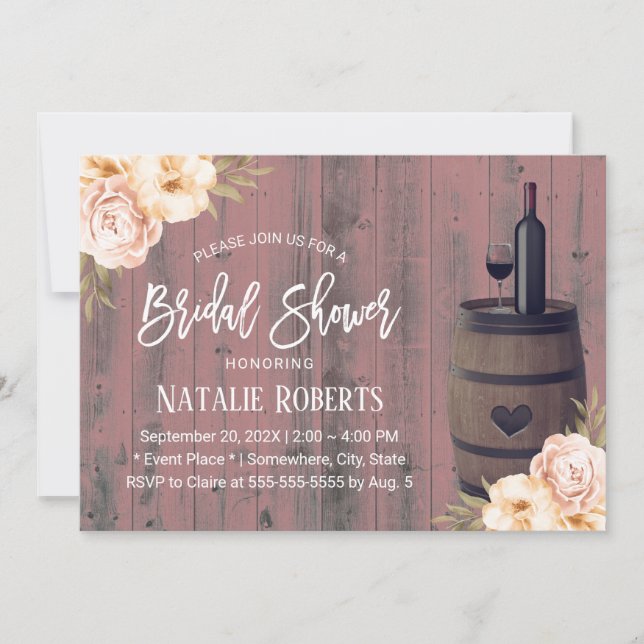 Invitación Rústica ducha de novia floral de barril de vino (Anverso)