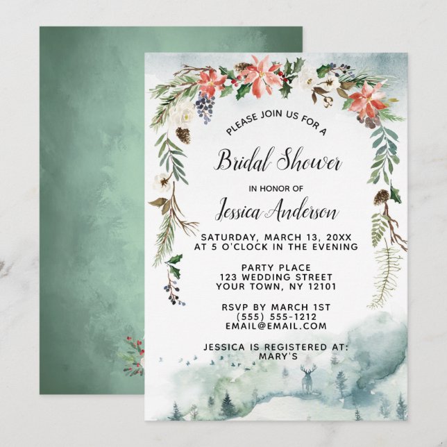 Invitación Rústica ducha de novia floral en bosque de inviern (Anverso / Reverso)