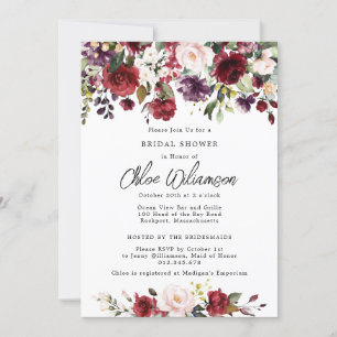 Invitación Rústica ducha de novia floral roja borgoñona