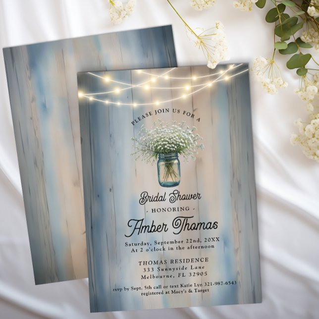 Invitación Rústica ducha de novia mason jar (Baby's Breath Bridal Shower Invite)