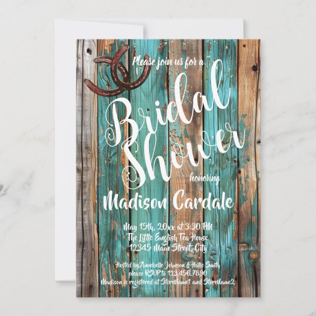 Invitación Rústica ducha de novia Verde azulada de madera de  (Anverso)