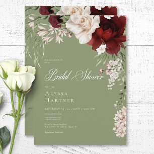 Invitación Rústica ducha de novia verde floral blanca y borgo