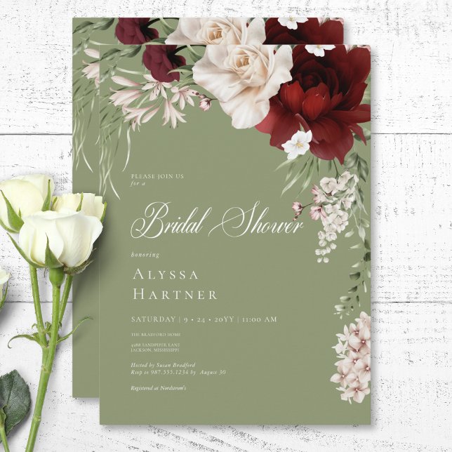 Invitación Rústica ducha de novia verde floral blanca y borgo (Rustic White & Burgundy Floral Green Bridal Shower Invitation)