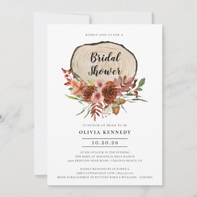 Invitación Rústica Ducha De Novias Caída Floral Madera (Anverso)