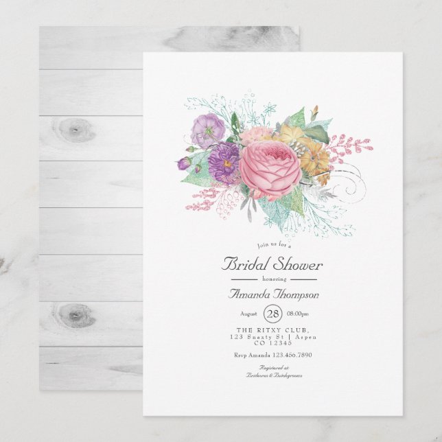 Invitación Rústica ducha de novias con primavera floral (Anverso / Reverso)