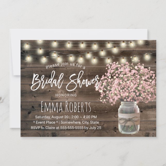 Invitación Rústica ducha de novias mason Jar con bebé rosado (Anverso)