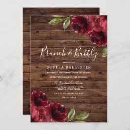 Invitación Rústica ducha nupcial Burgundy Floral Brunch Bubbl