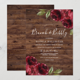Invitación Rústica ducha nupcial Burgundy Floral Brunch Bubbl