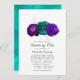 Invitación Rústica ducha violeta y turquesa con flores por co