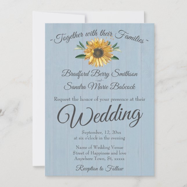 Invitación Rústica Dusty Blue Barn Wood, Boda de girasoles In (Anverso)