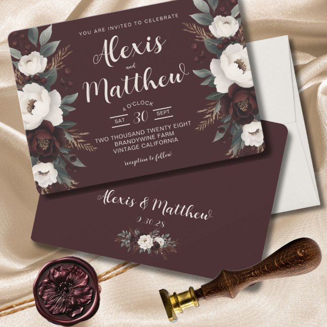 Invitación Rústica elegancia Borgoña Boda Floral (Boho Rustic Farmhouse Chic Modern Wedding Invitation)