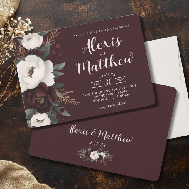 Invitación Rústica elegancia Borgoña Boda Floral (Rustic Elegance Burgundy Boho Wedding Invitation, Winter Wedding, Country Chic)
