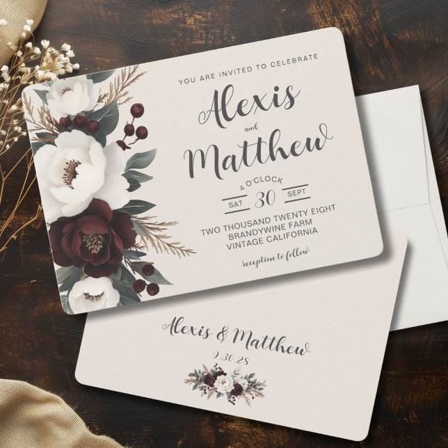 Invitación Rústica elegancia Borgoña Boda Floral (Rustic Elegance Wedding Invitation, Country Fall, Shabby Chic Burgundy and Mocha)