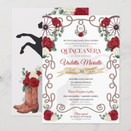 Invitación Rústica elegancia Rojo Rosa Floral Charra Quinceañ