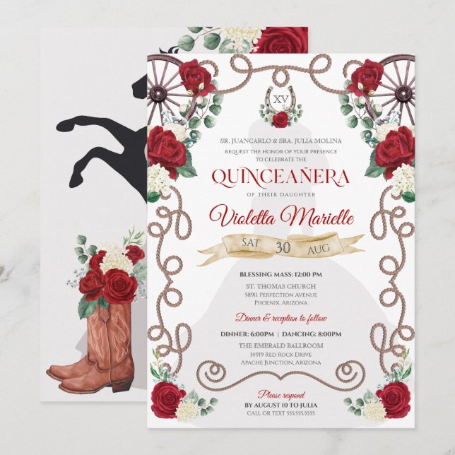 Invitación Rústica elegancia Rojo Rosa Floral Charro Quincean (Anverso / Reverso)