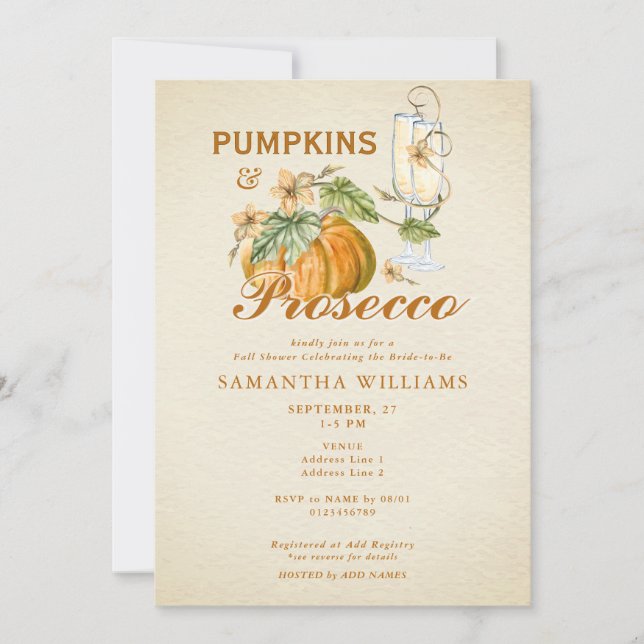 Invitación Rústica elegante calabaza de otoño Prosecco ducha  (Anverso)