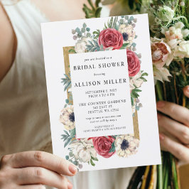 Invitación Rústica elegante ducha de novias con flores rojas 