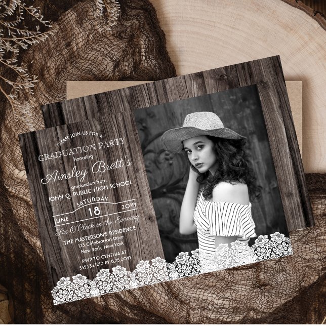 Invitación Rústica encaje rural | Fiesta de graduación de fot (Rustic Country Lace on Wood Look Background Photo Graduation Party Invitation)