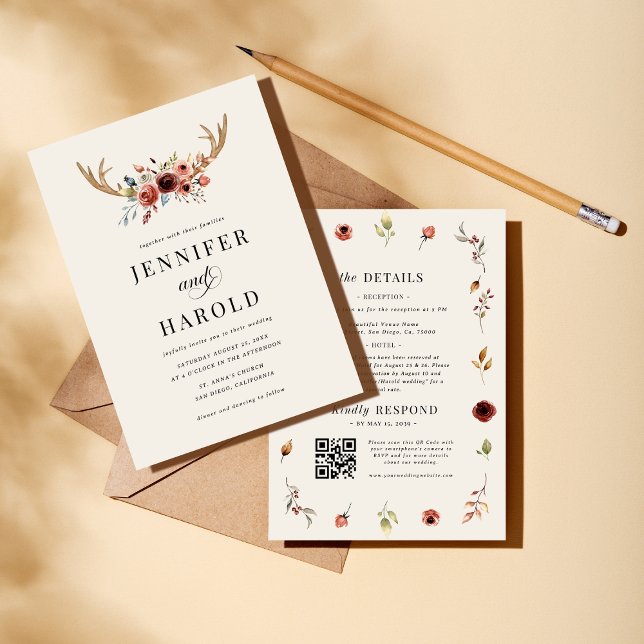 Invitación Rústica estadista de ciervos Boho en un solo Boda (Subido por el creador)