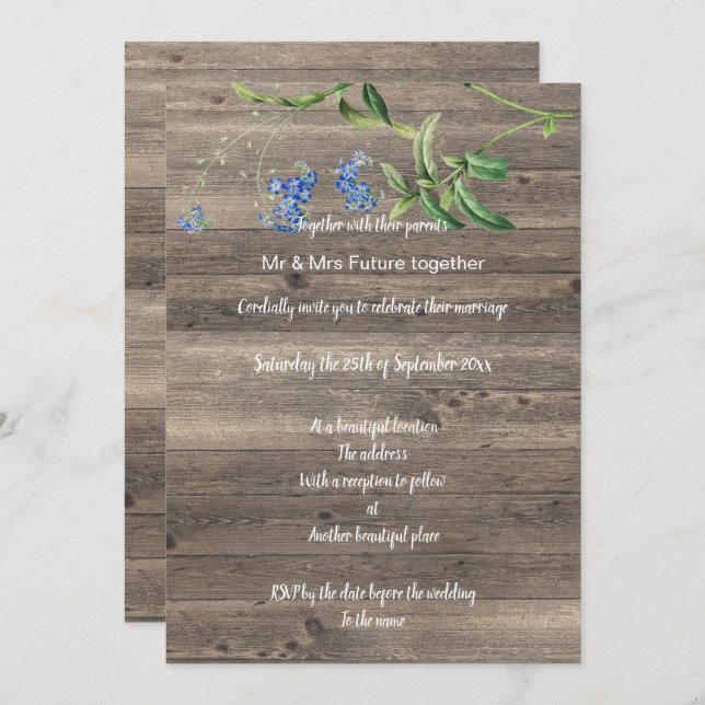 INVITACIÓN RÚSTICA EUCALÍPTUS FLORAL AZUL DE BODA (Anverso / Reverso)