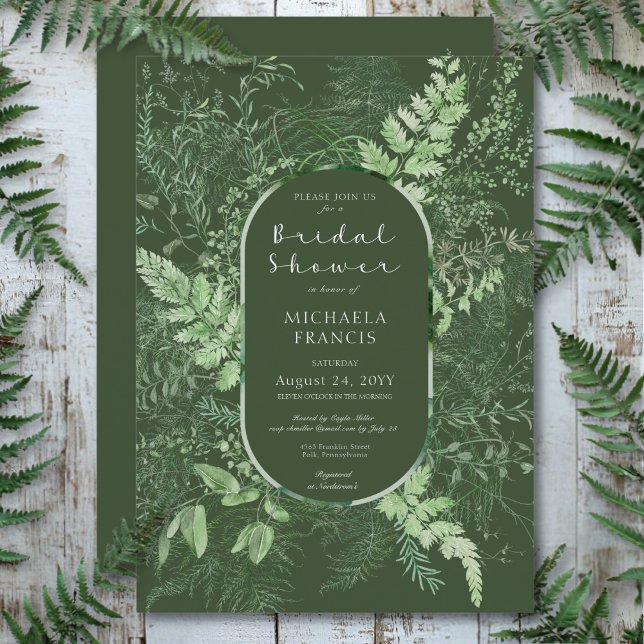 Invitación Rústica Fern Green Foliage Esmeralda Bridal Shower (Rustic Fern Green Foliage Emerald Bridal Shower Invitation)