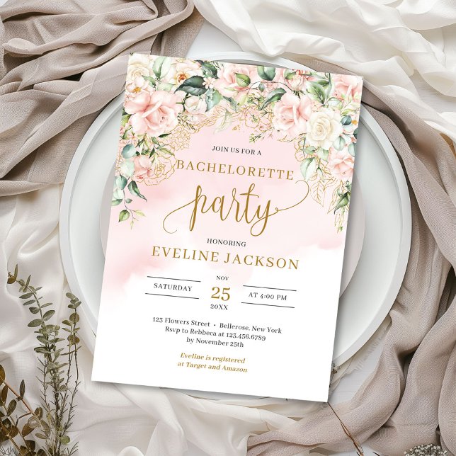 Invitación Rústica fiesta de soltera de oro de rosas rosas ro (Elegant boho blush pink roses greenery gold bachelorette party invitation )