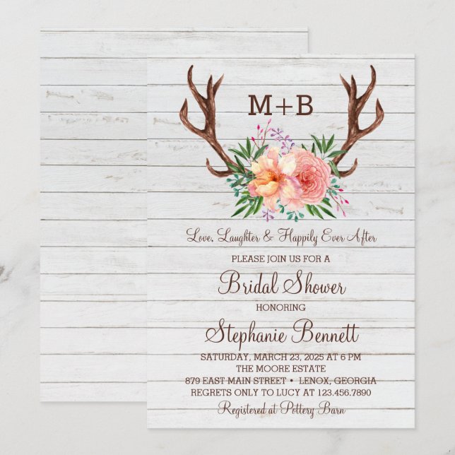 Invitación Rústica Floral Antlers Bridal Shower (Anverso / Reverso)