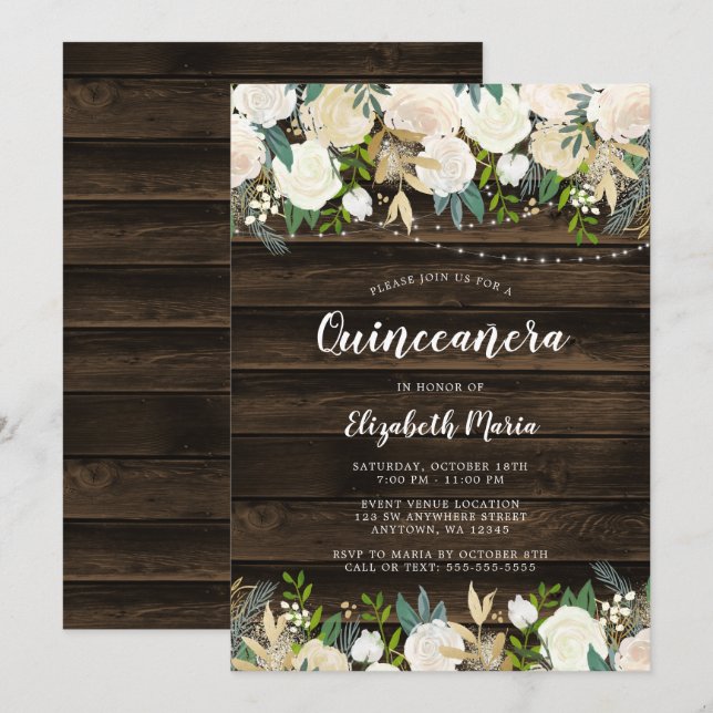 Invitación Rústica Floral blanca ilumina Quinceanera (Anverso / Reverso)