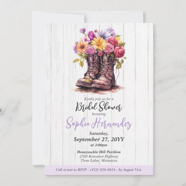 Invitación Rústica Floral Boots Barn Wood Farm Bridal Shower (Anverso)