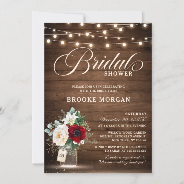 Invitación Rústica floral borgoñona Mason Jar Bridal Shower (Anverso)