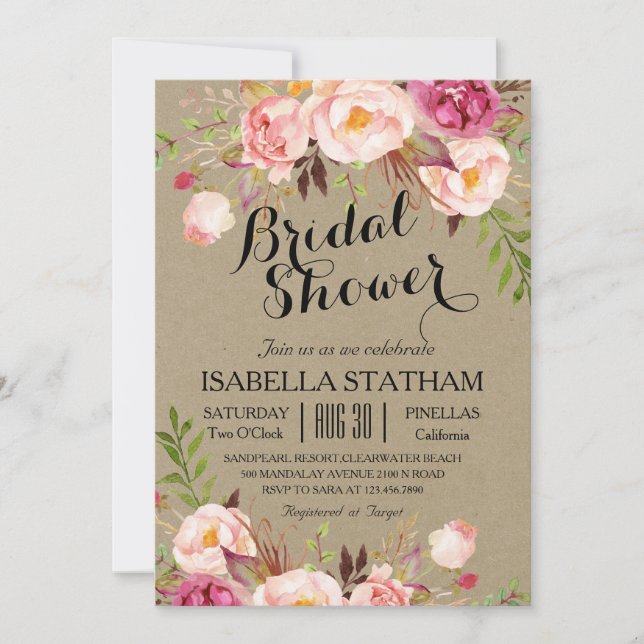 Invitación Rústica Floral Bridal Shower/kraft textura de pape (Anverso)