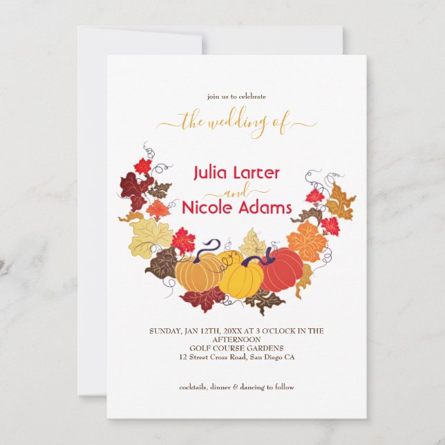 Invitación Rústica Floral Caída Calabaza Woodland Boda (Anverso)