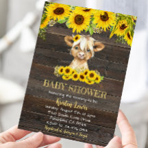 Rústica floral de girasol Highland Cow Baby Shower