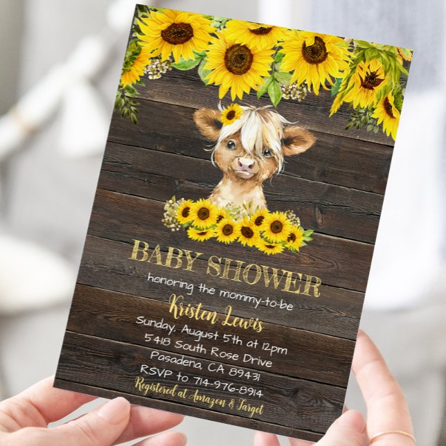 Invitación Rústica floral de girasol Highland Cow Baby Shower (Subido por el creador)