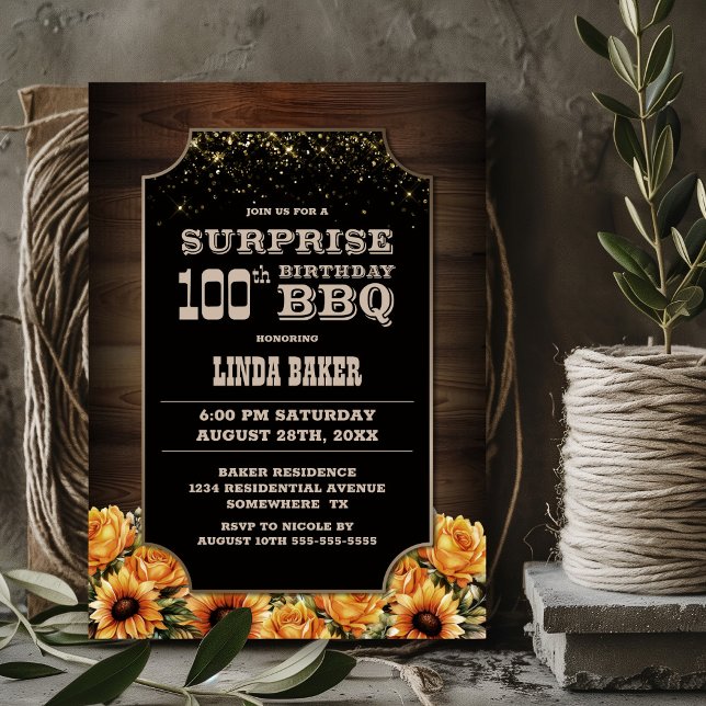 Invitación Rústica Floral de Madera Sorpresa 100 cumpleaños B (Subido por el creador)