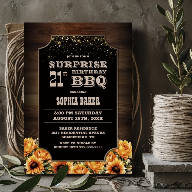 Invitación Rústica Floral de Madera Sorpresa 21 cumpleaños BB (Subido por el creador)