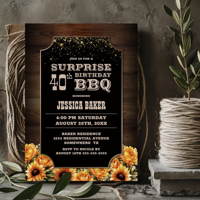 Invitación Rústica Floral de Madera Sorpresa 40 cumpleaños BB (Subido por el creador)