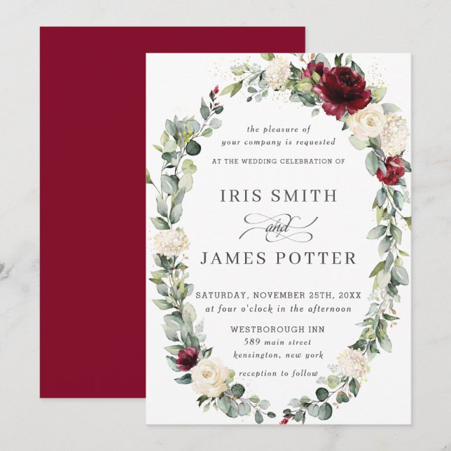 Invitación Rústica floral de marfil de Borgoña Boda de leafy (Anverso / Reverso)