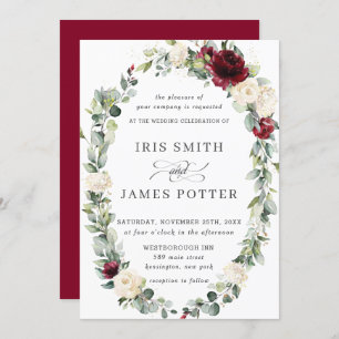 Invitación Rústica floral de marfil de Borgoña Boda de leafy