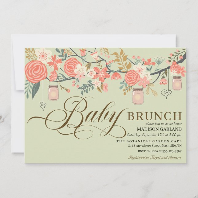 Invitación Rústica Floral Mason Jar Baby Brunch (Anverso)