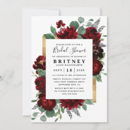 Invitación Rústica floral roja y dorada ducha de novia elegan