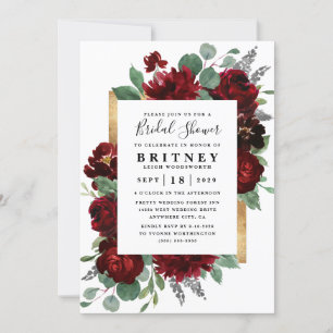 Invitación Rústica floral roja y dorada ducha de novia elegan