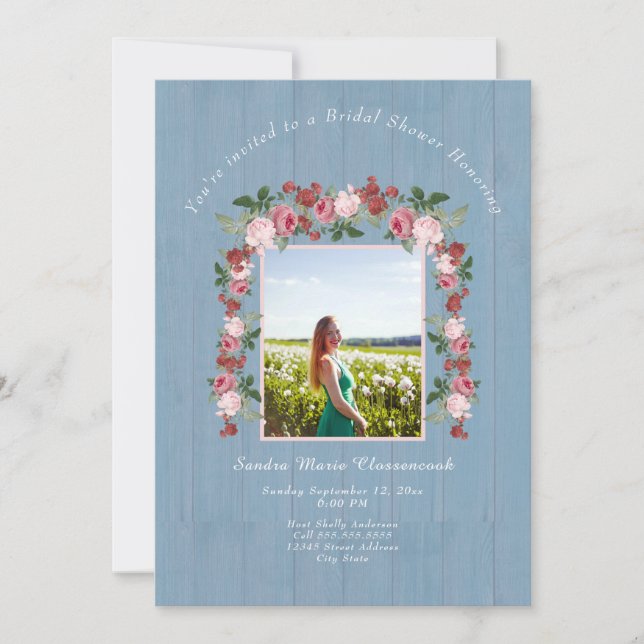 Invitación Rústica Floral Rosa Dusty Ducha Azul Bridal (Anverso)