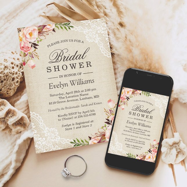 Invitación Rústica Floral Rosa Marfil Burlap Lace Ducha de no (Subido por el creador)