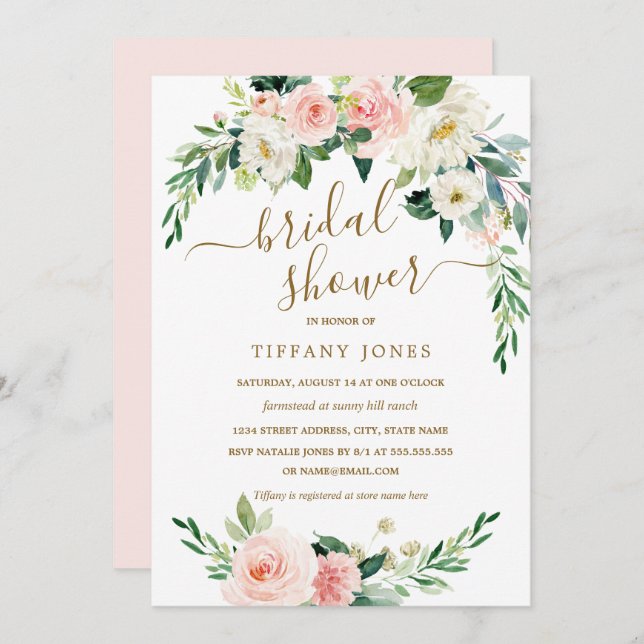 Invitación Rústica floral Rubor Gold Wreath Bridal Shower (Anverso / Reverso)