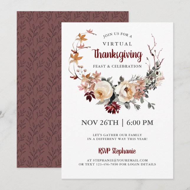 Invitación Rústica floral virtual cena de Acción de Gracias (Anverso / Reverso)
