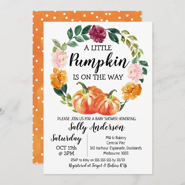 Invitación Rústica floral Wreath Pequeña Calabaza Baby Shower (Anverso / Reverso)